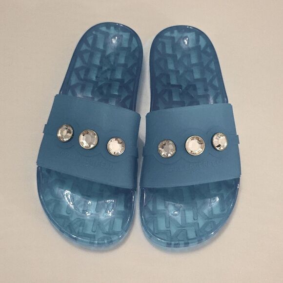 BRAND NEW KARL LAGERFELD TEAL SLIDE with CRYSTAL DETAILS SANDAL R3 - Picture 2 of 16